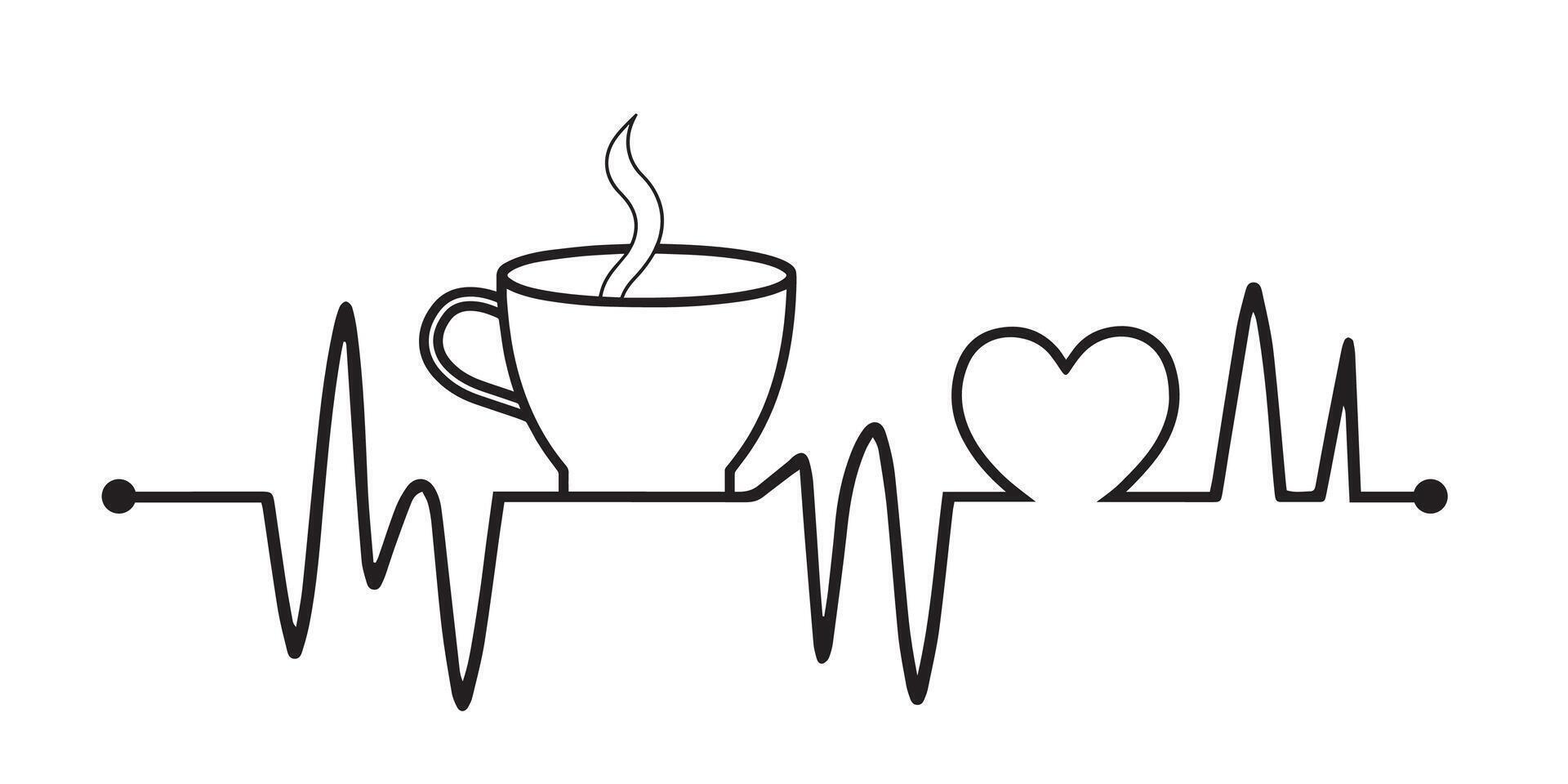 hot coffee cup Heartbeat wave illustration in black and white vector