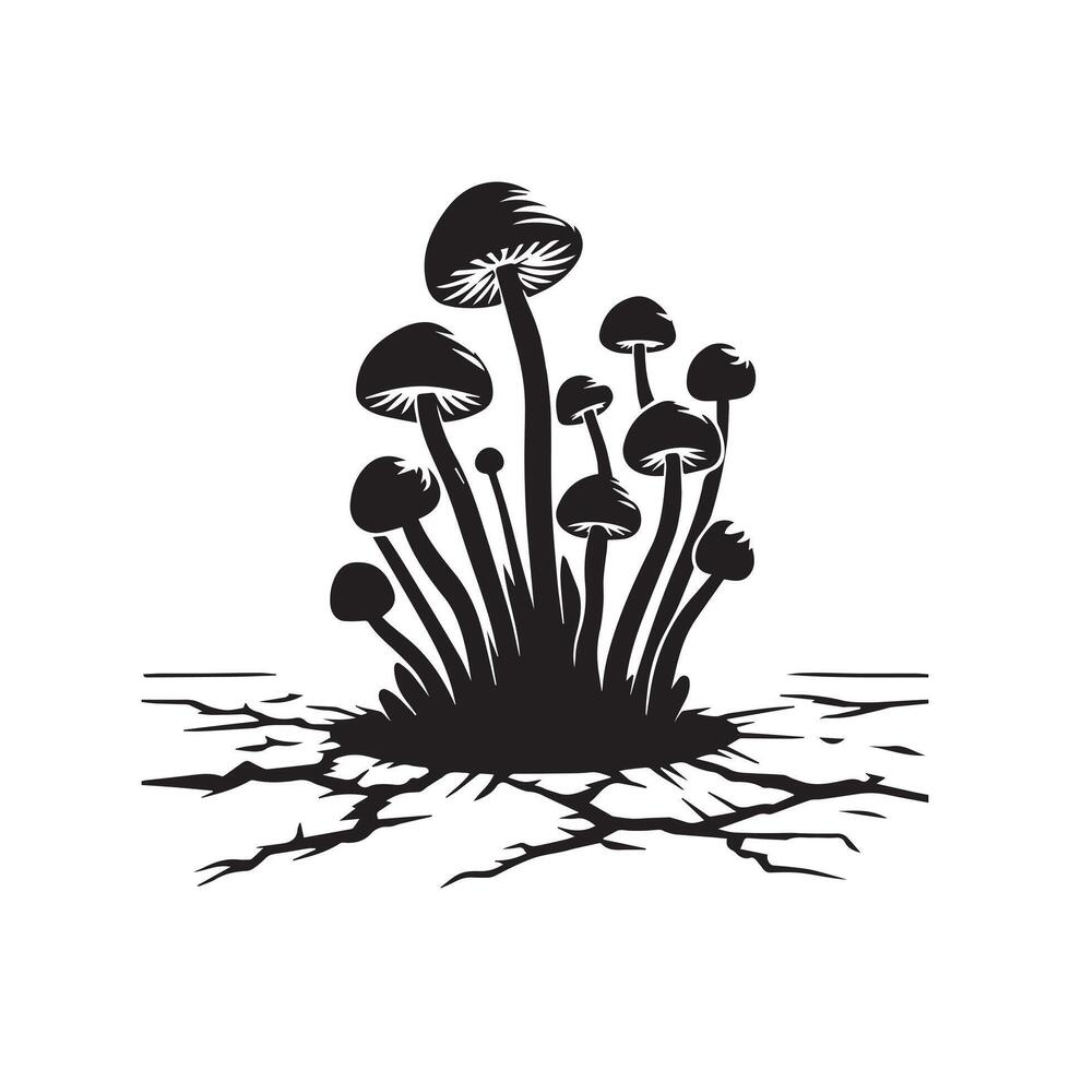 Magic mushrooms emerge through the silhouette of cracked ground vector