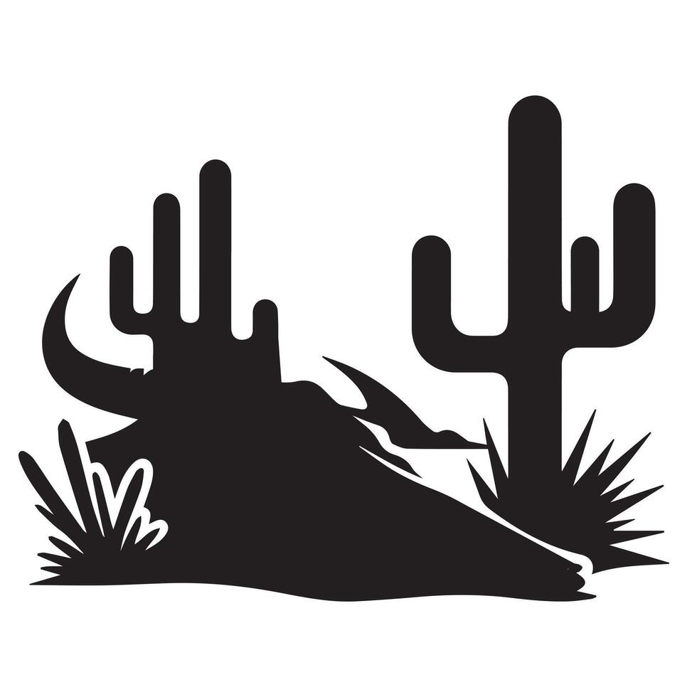 A desert scene with a cactus silhouette beside a cow skull vector