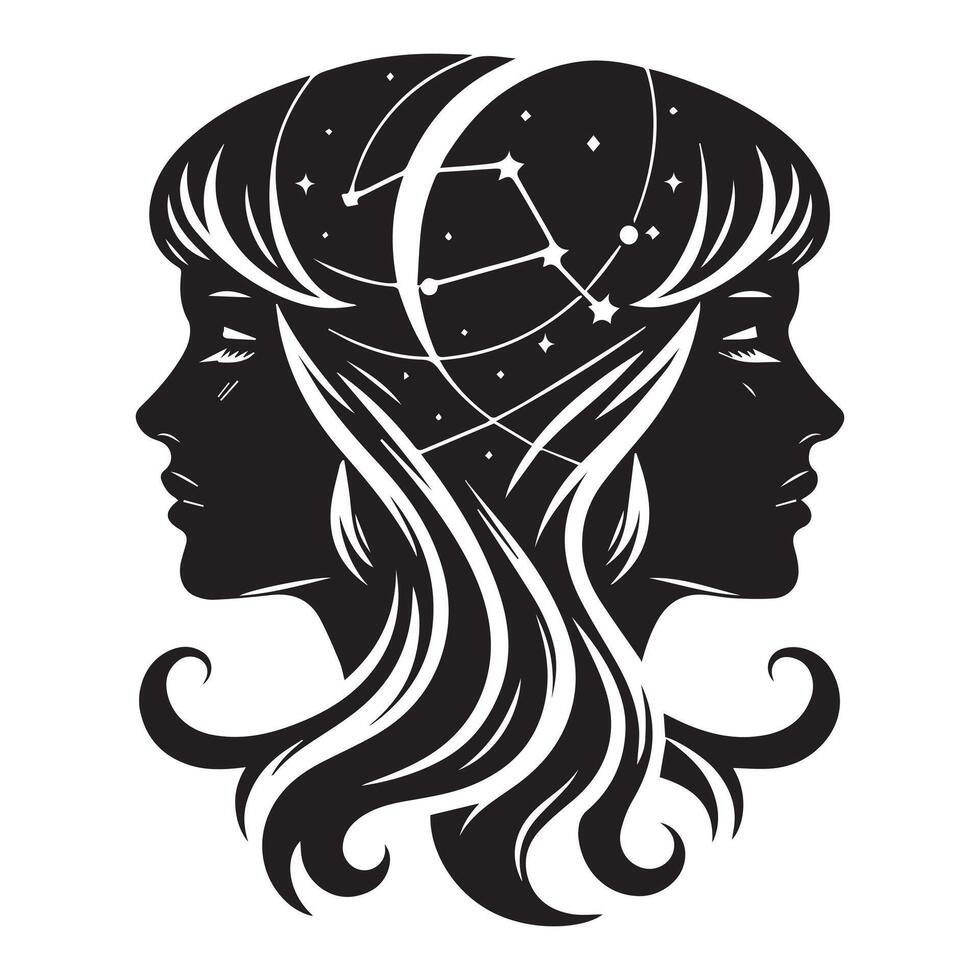 Gemini Zodiac Sign astrological constellation twins in black and white vector