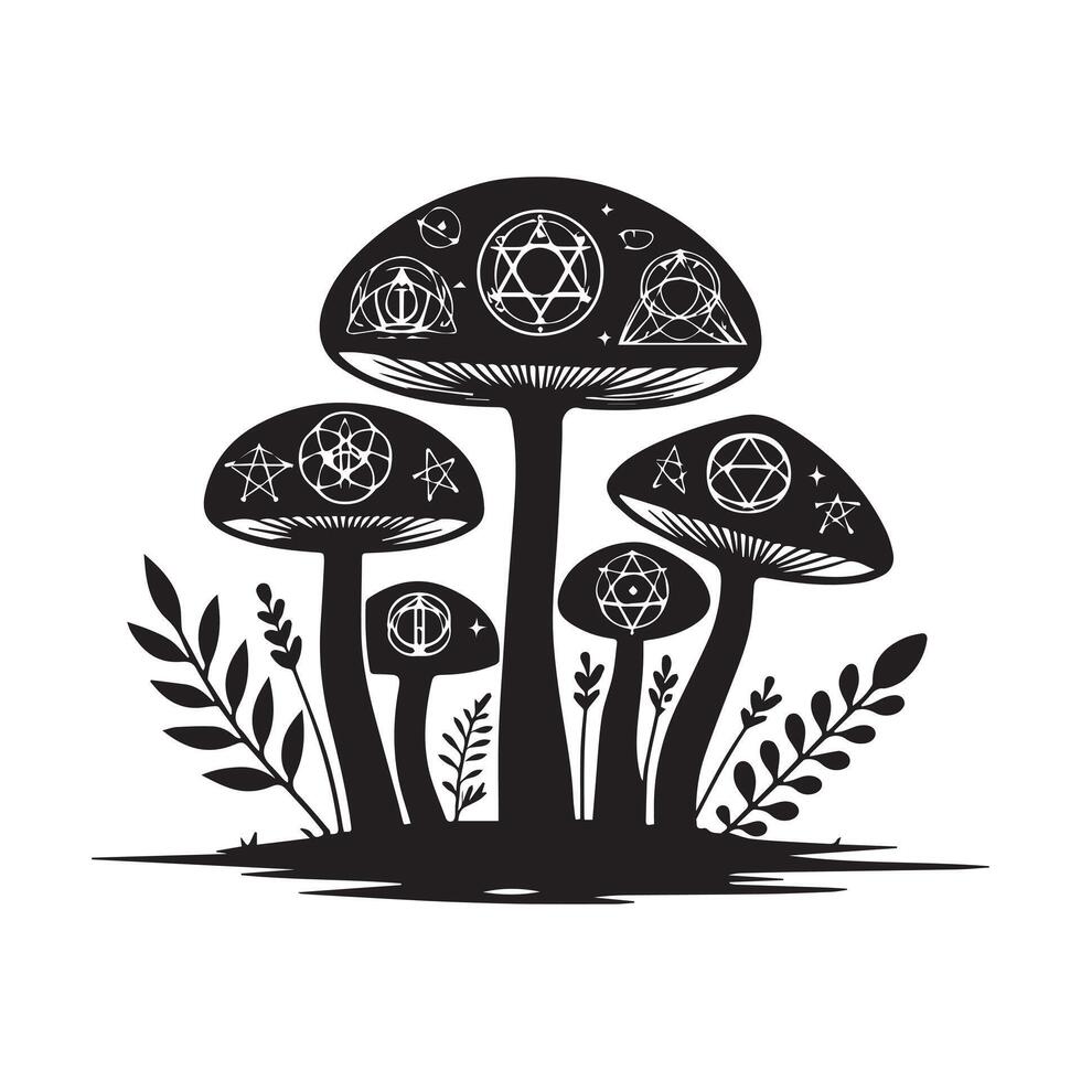 Mushrooms silhouetted with alchemical symbols subtly integrated vector