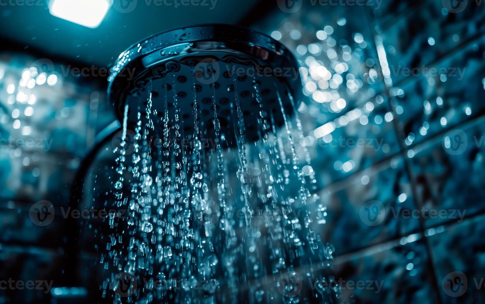 Shower head close up with running water and dark lighting with empty space for text. photo