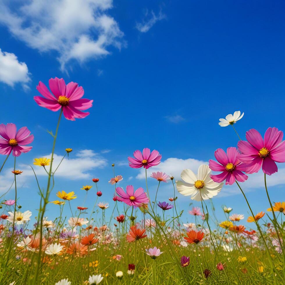 Colorful cosmos flowers in spring morning and blue sky. photo