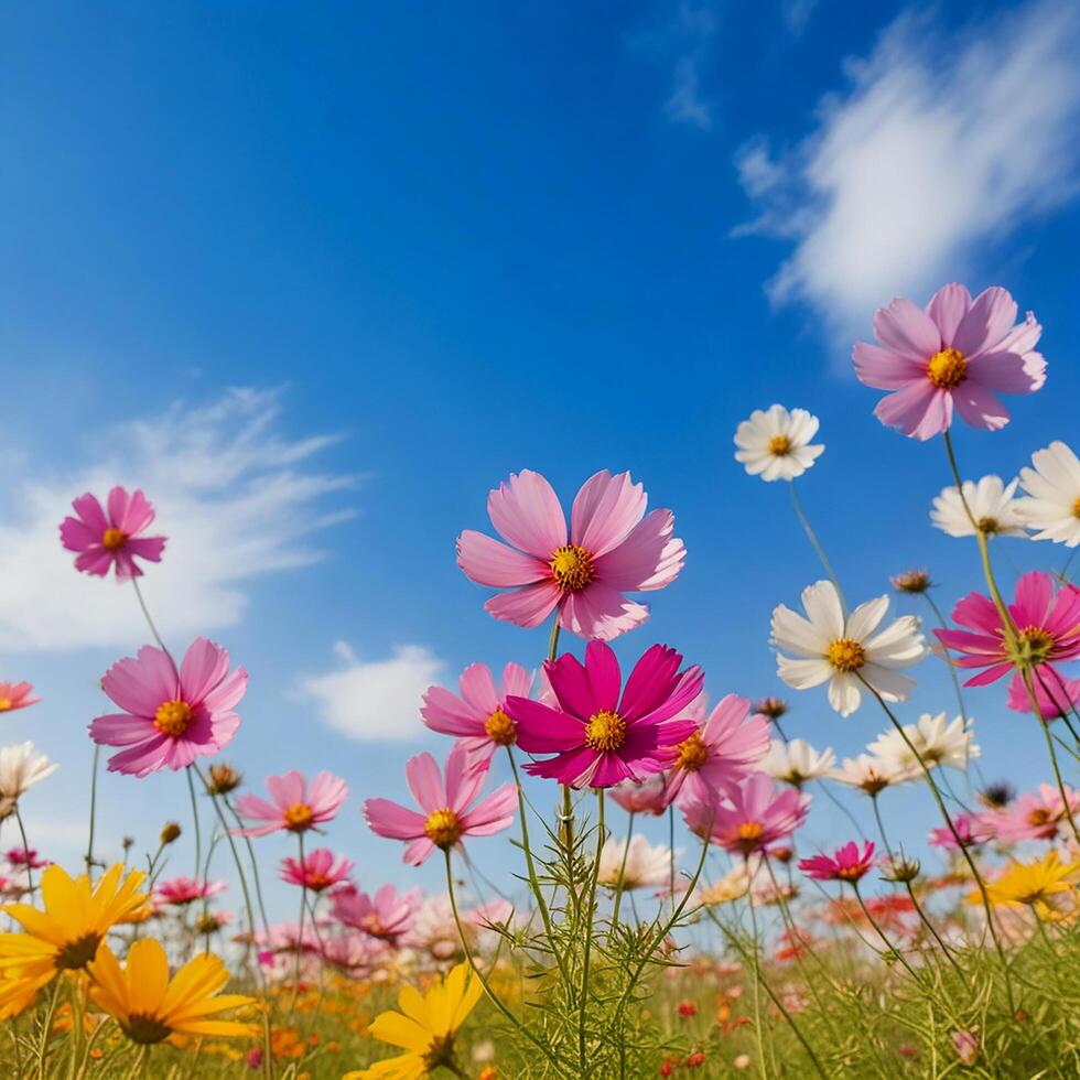 vistoso cosmos flores en primavera Mañana y azul cielo. foto