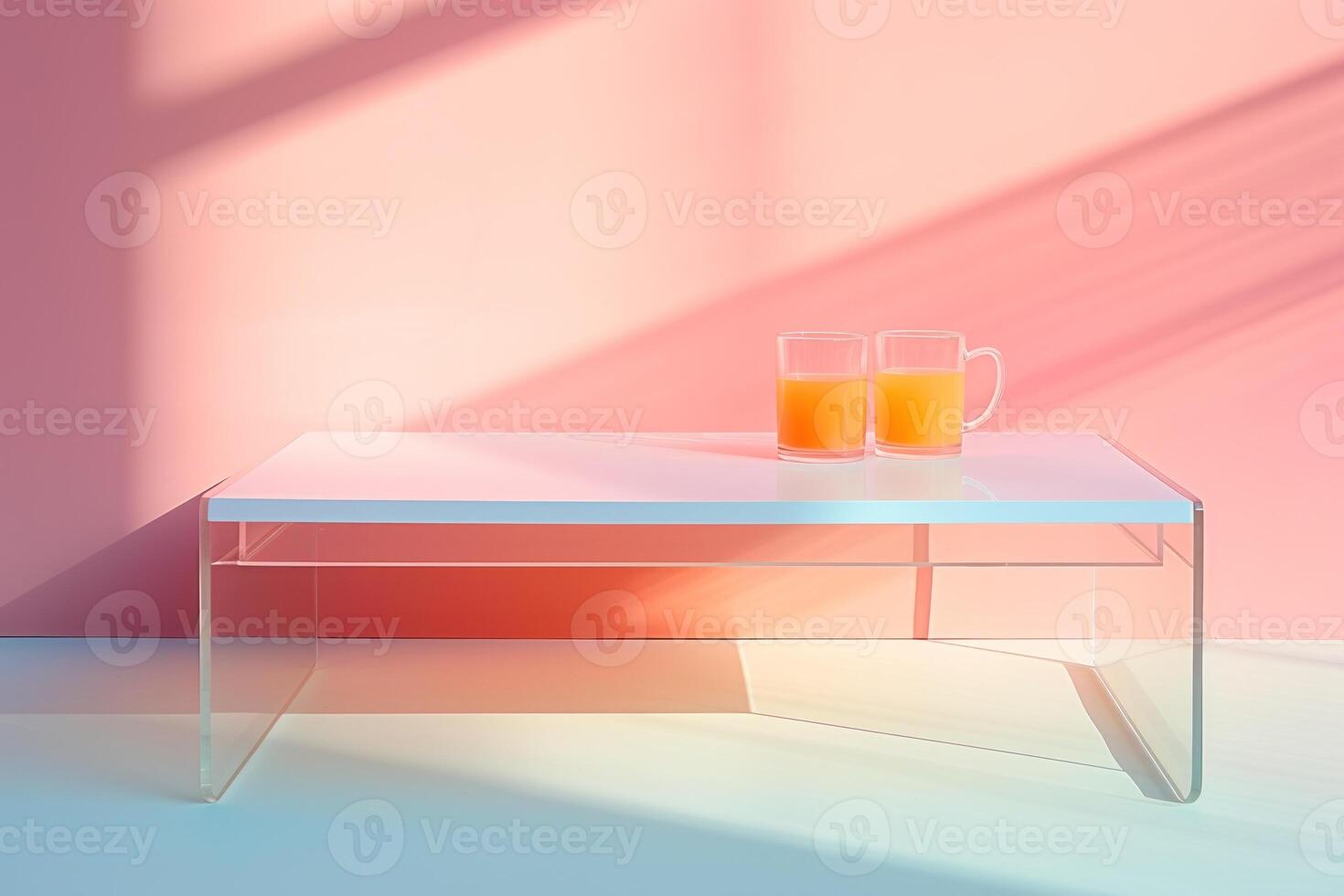 transparent plastic coffee table, minimal empty colorful space and clean, beautiful lighting and shadow. orange juice photo