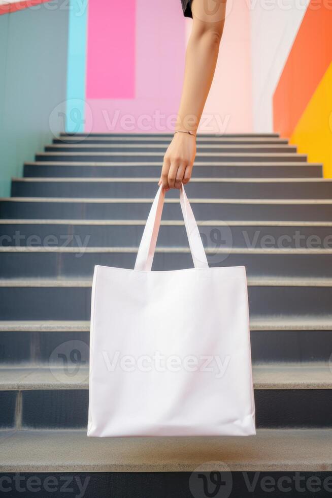 Tote bag canvas fabric cloth shopping sack mockup blank template. Person holding a bag in hand photo
