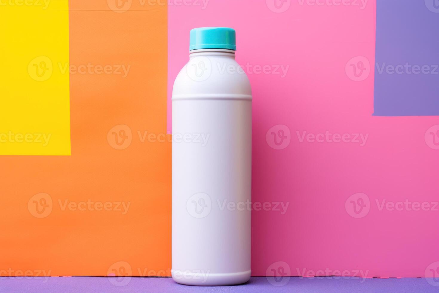 plastic bottle on colorful block background realistic mockup. Liquid product packaging mock-up photo