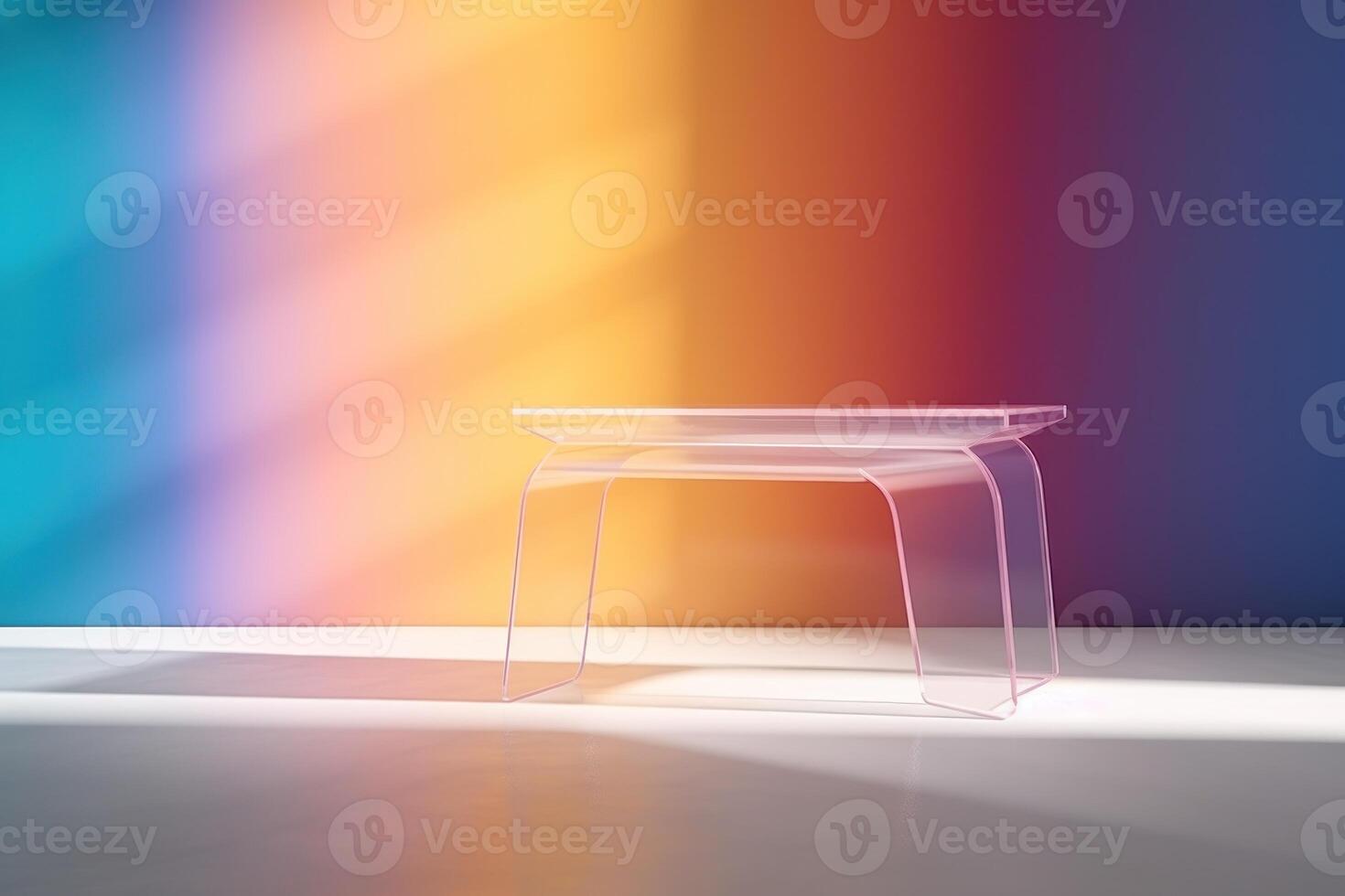 transparent plastic coffee table, minimal empty colorful space and clean, beautiful lighting and shadow. photo
