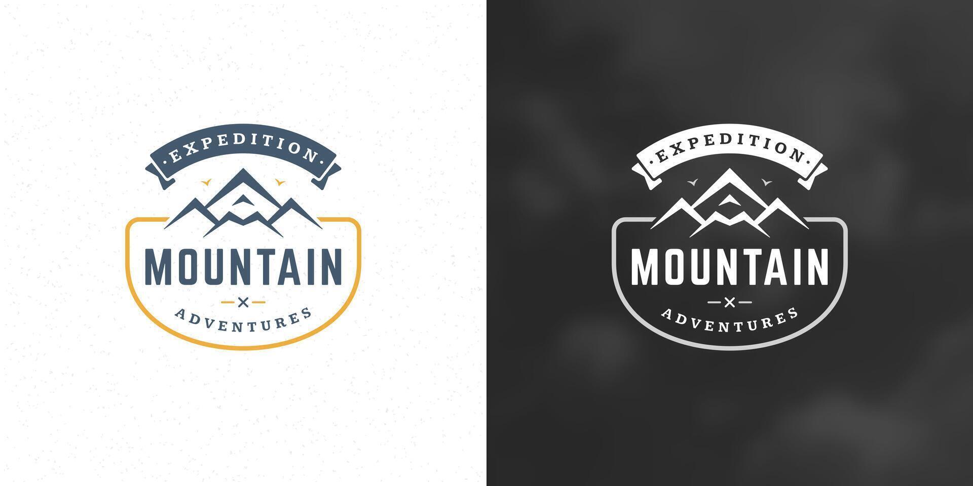 Mountain camping logo emblem outdoor landscape illustration rock hills silhouette for shirt or print stamp vector