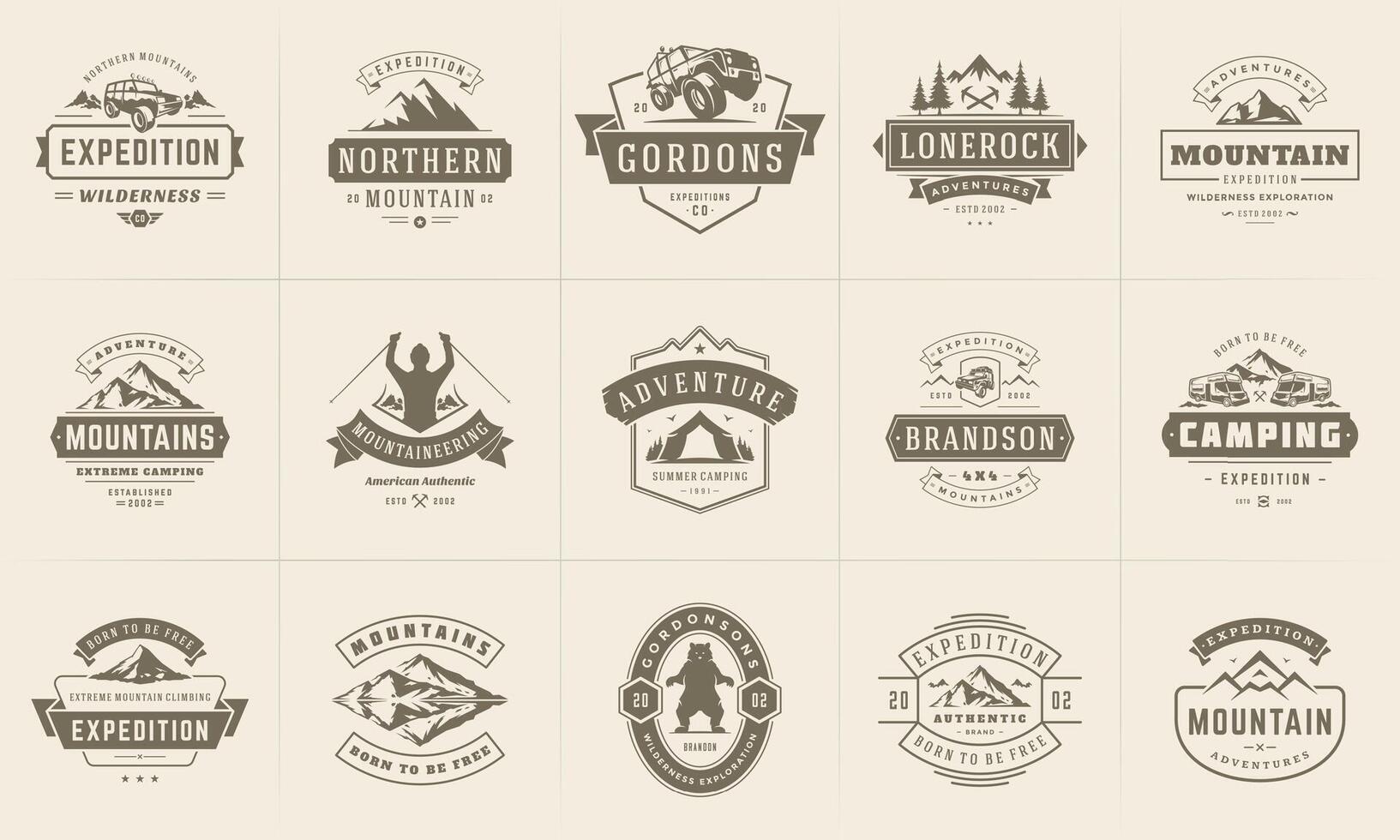 Camping logos and badges templates design elements and silhouettes set vector