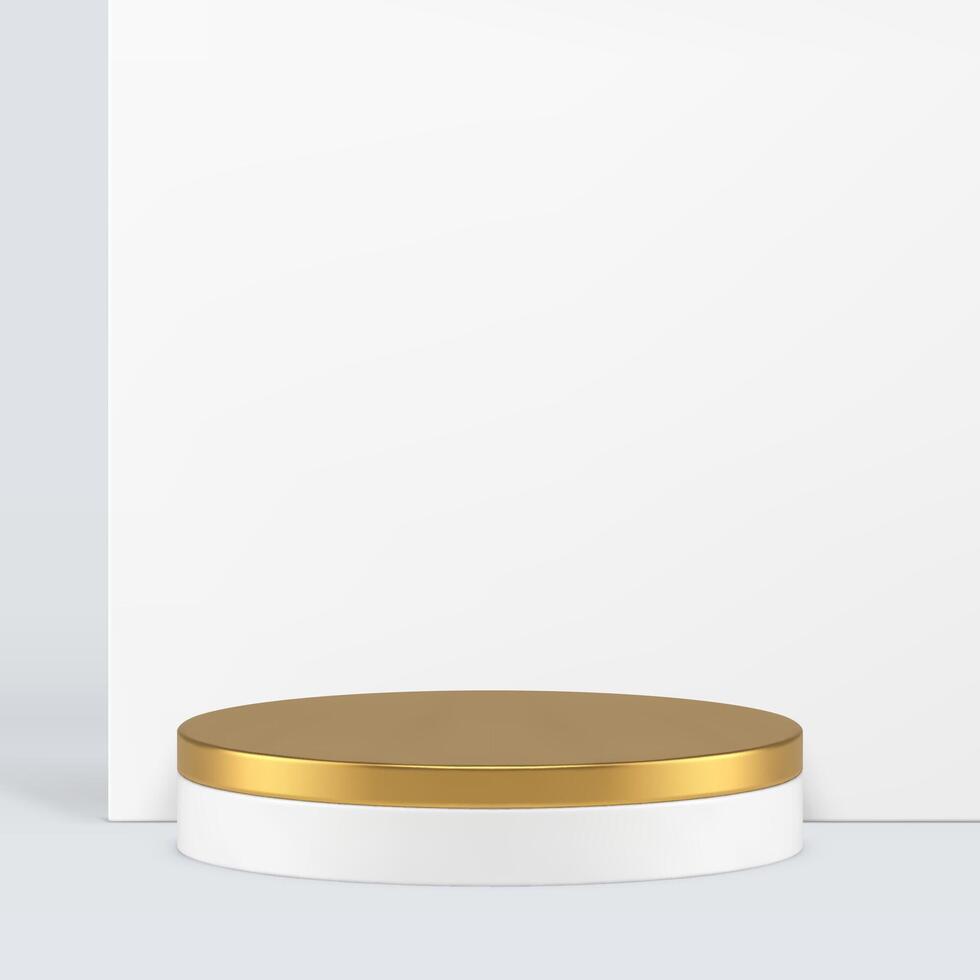 Golden cylinder 3d podium pedestal with white wall background realistic illustration vector