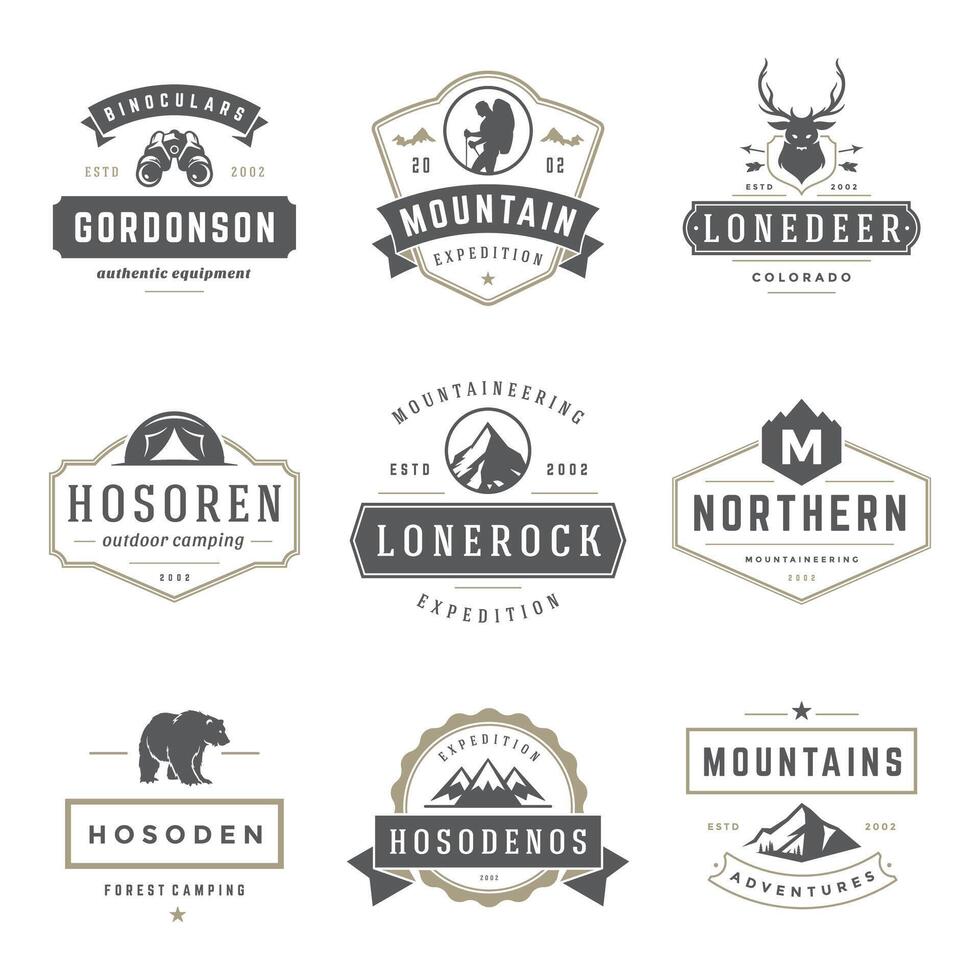 Camping logos templates design elements and silhouettes set vector