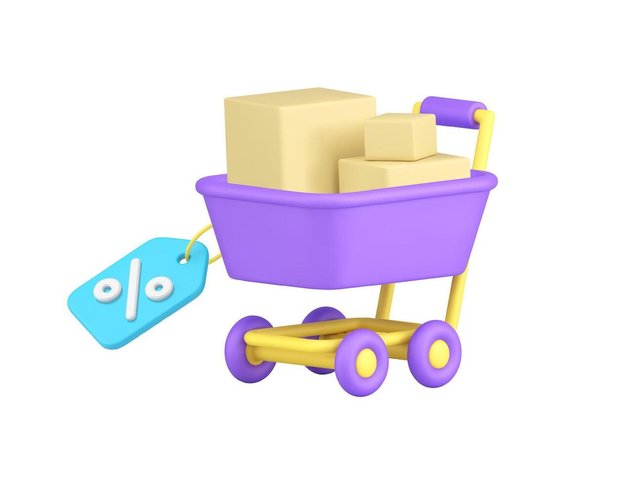 compras rebaja descuento carretilla con cartulina caja y por ciento etiqueta 3d icono realista vector