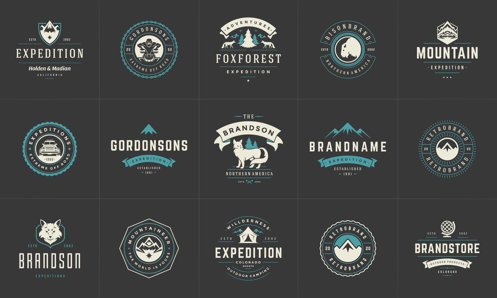 Camping logos and badges templates design elements and silhouettes set vector