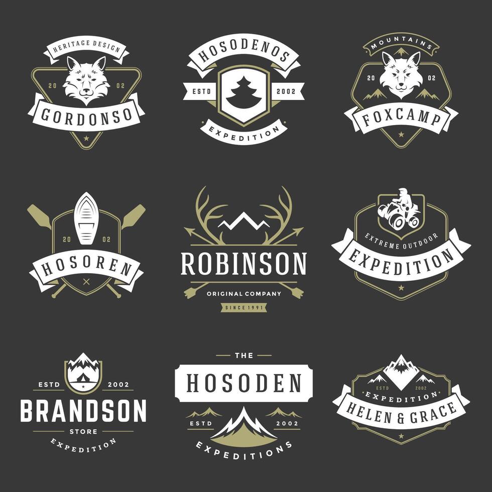 Camping logos design templates elements and silhouettes set vector