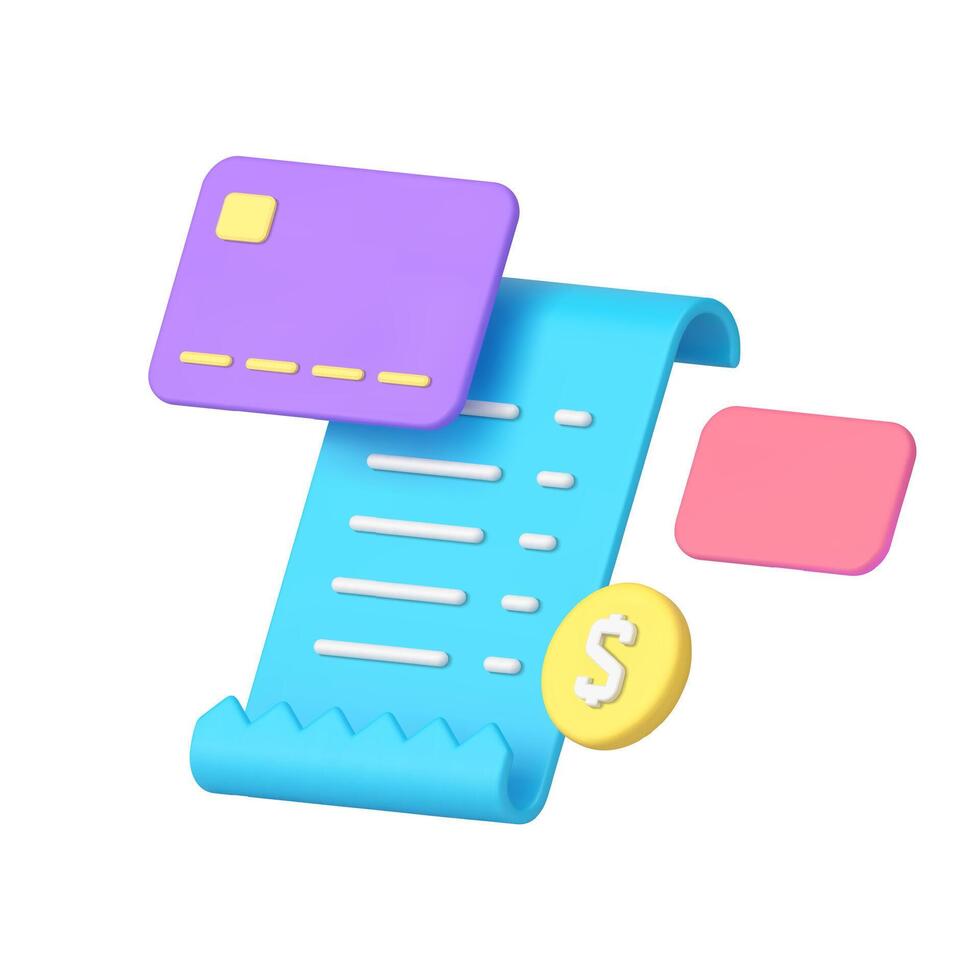 Shopping credit debit card payment with receipt invoice banking document 3d icon realistic vector