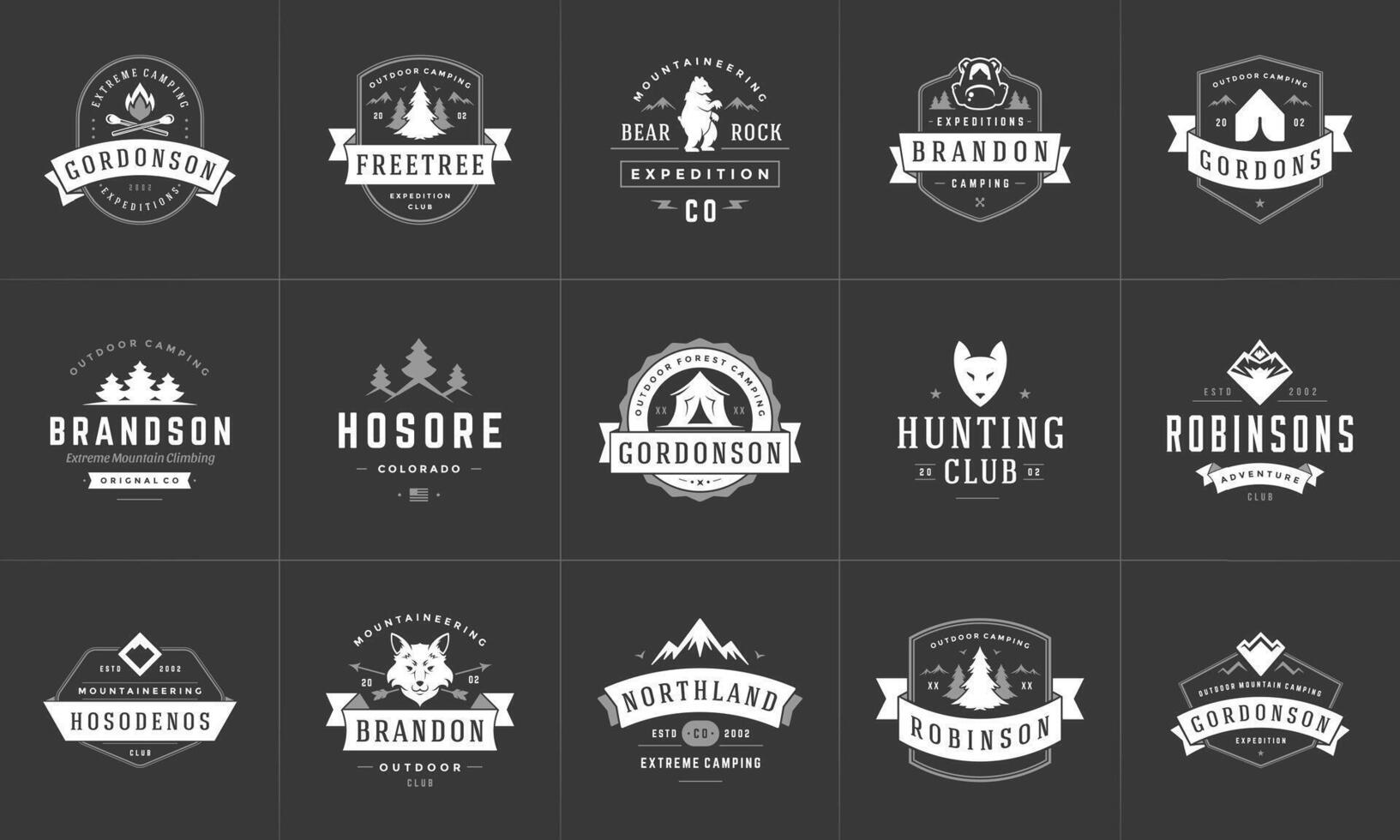 Camping logos and badges templates design elements and silhouettes set vector