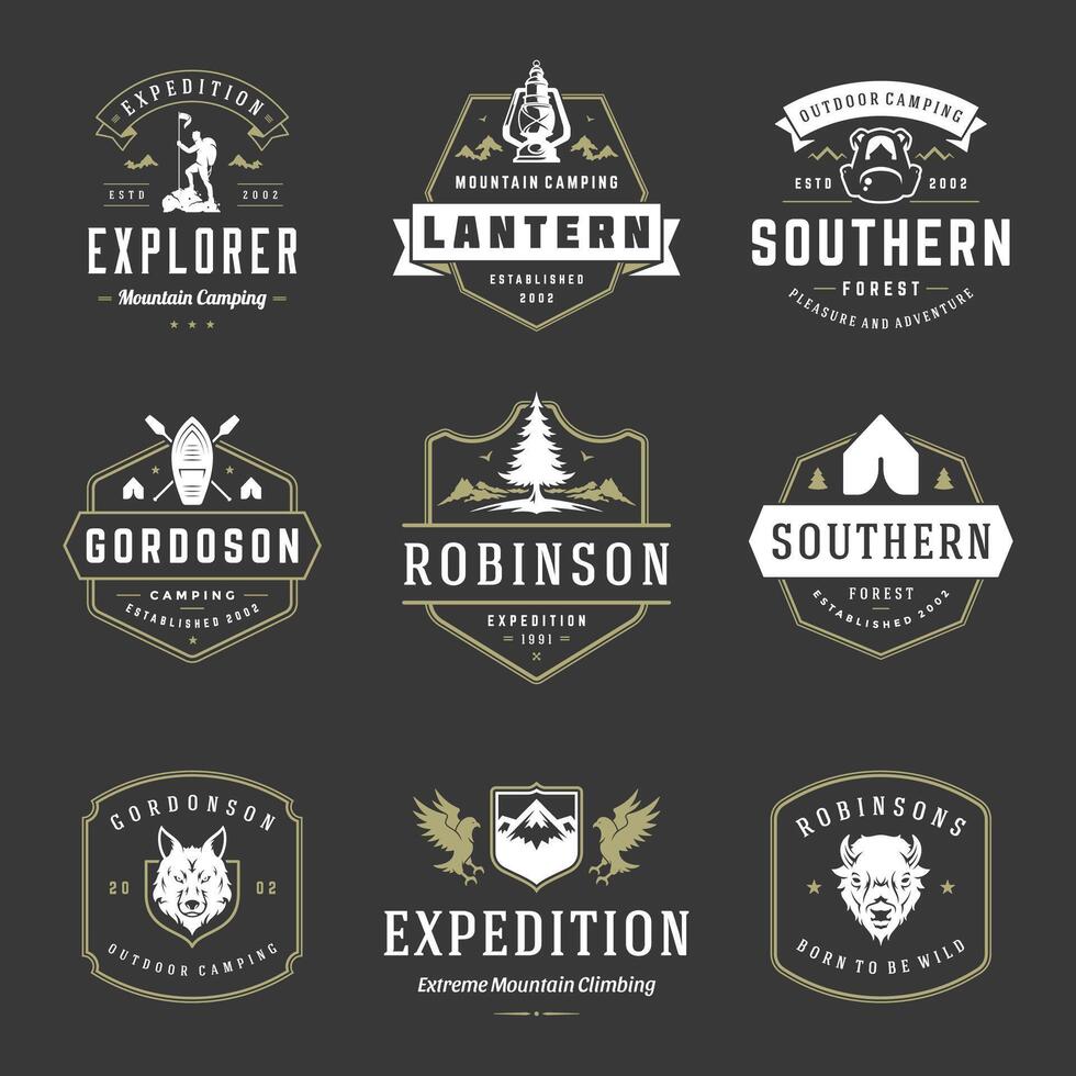 Camping logos templates design elements and silhouettes set vector