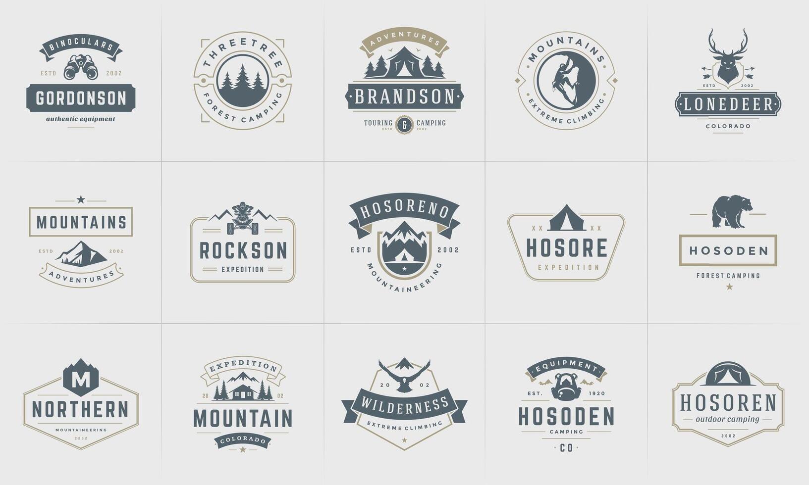 Camping logos and badges templates design elements and silhouettes set vector