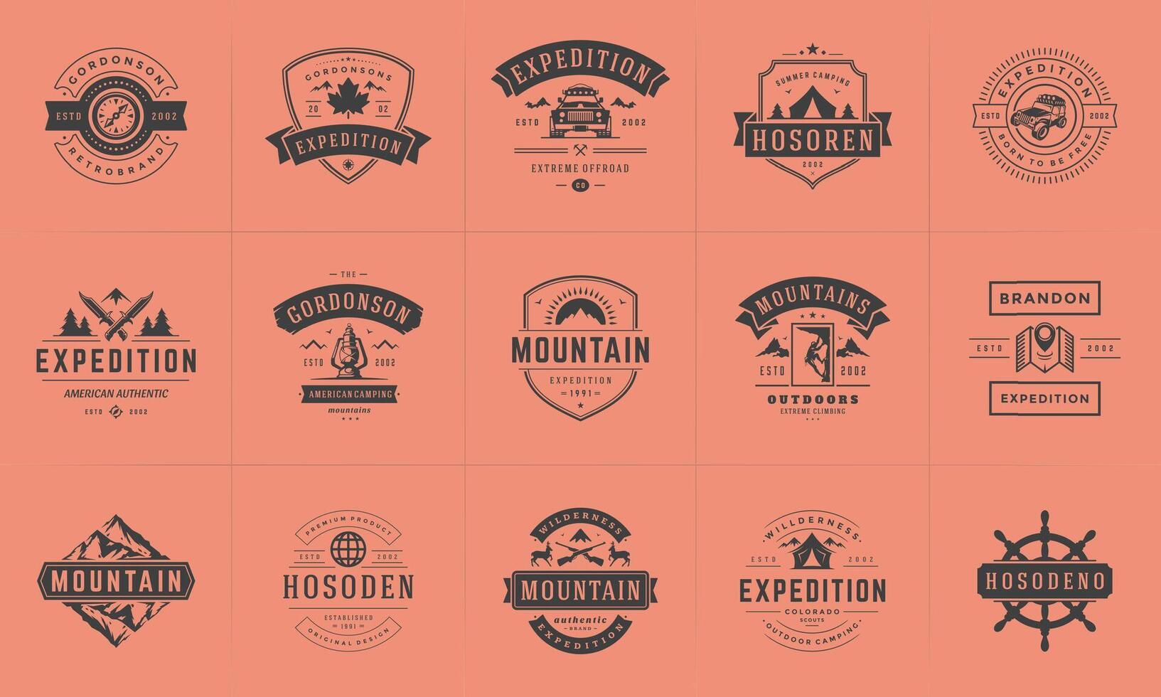 Camping logos and badges templates design elements and silhouettes set vector