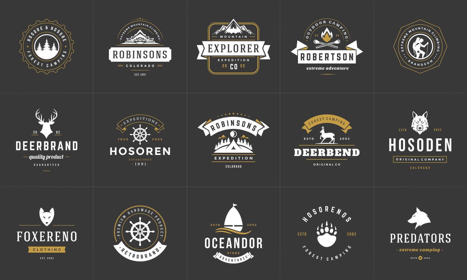 Camping logos and badges templates design elements and silhouettes set vector