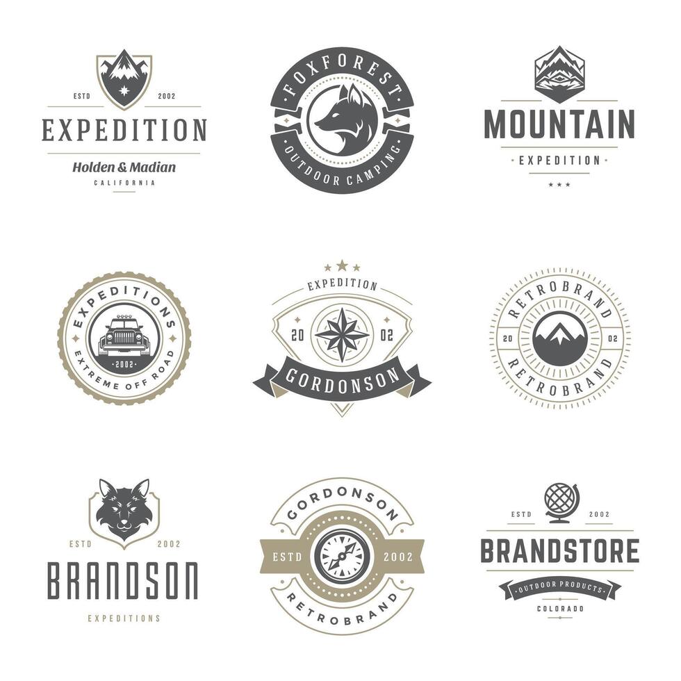 Camping logos templates design elements and silhouettes set vector