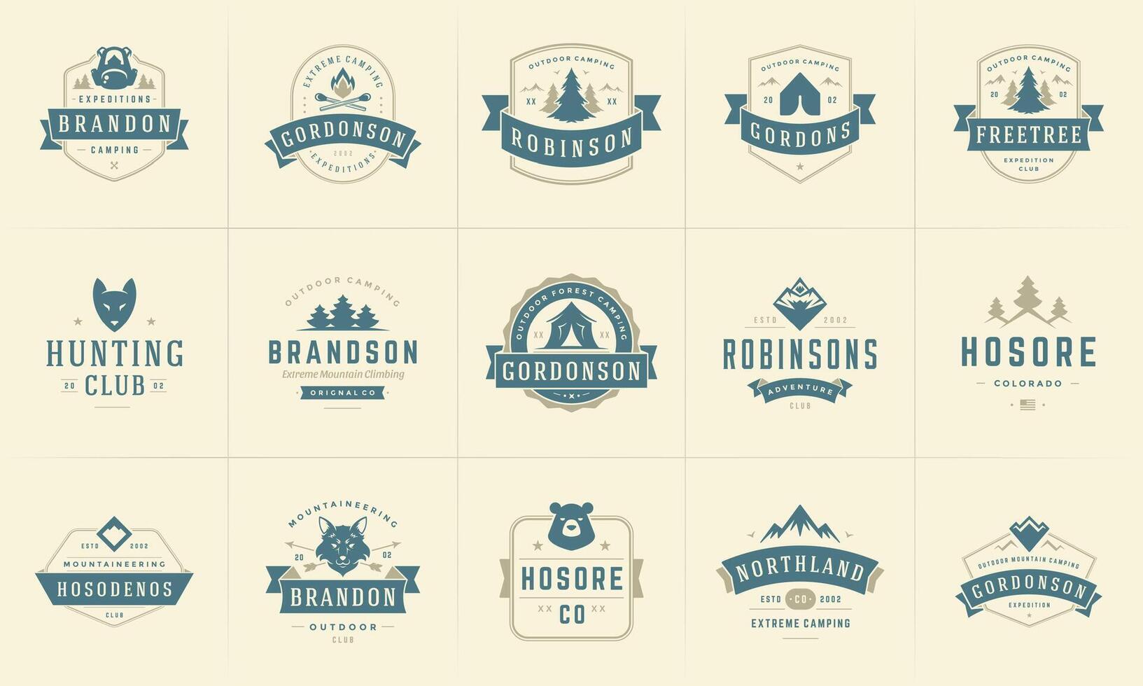 Camping logos and badges templates design elements and silhouettes set vector