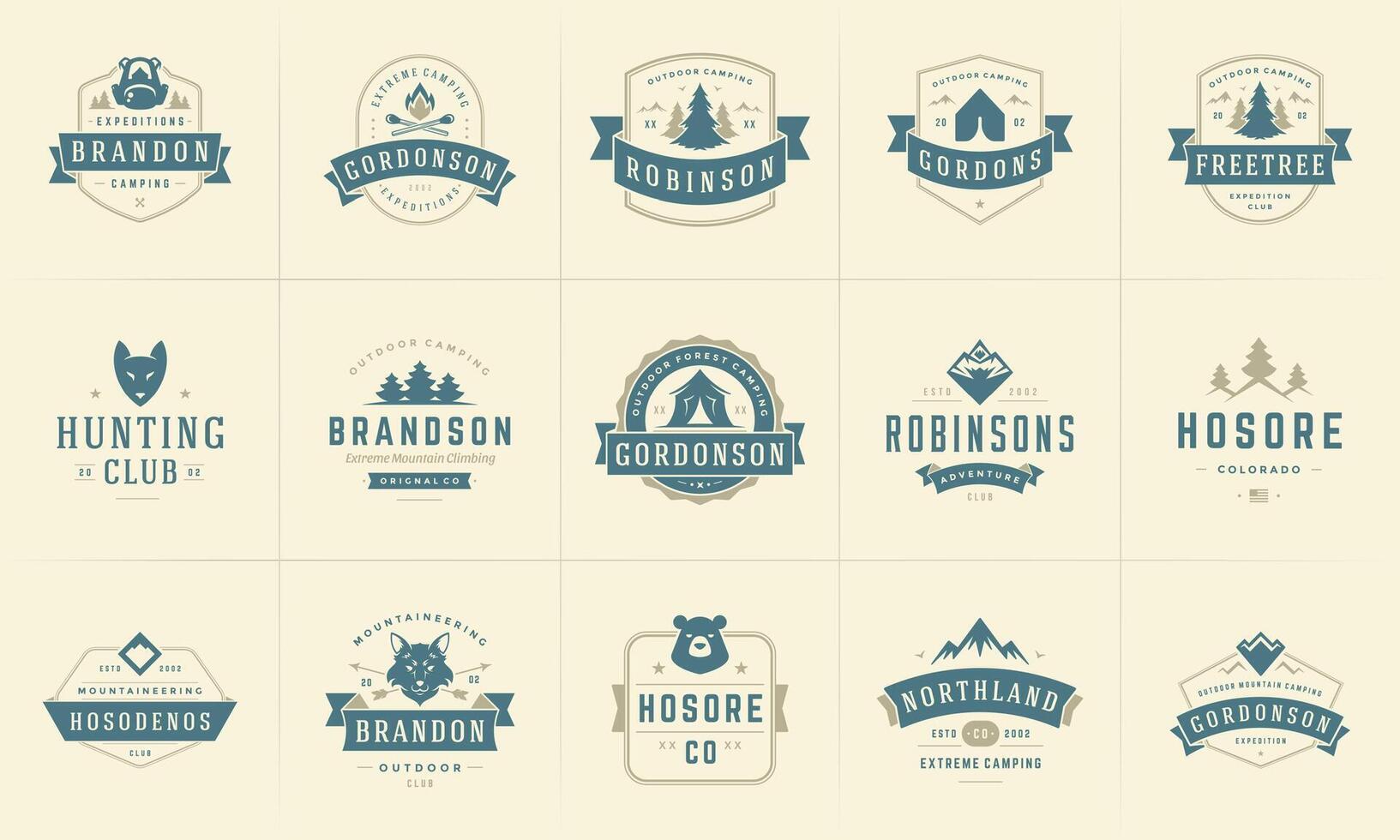 Camping logos and badges templates design elements and silhouettes set vector