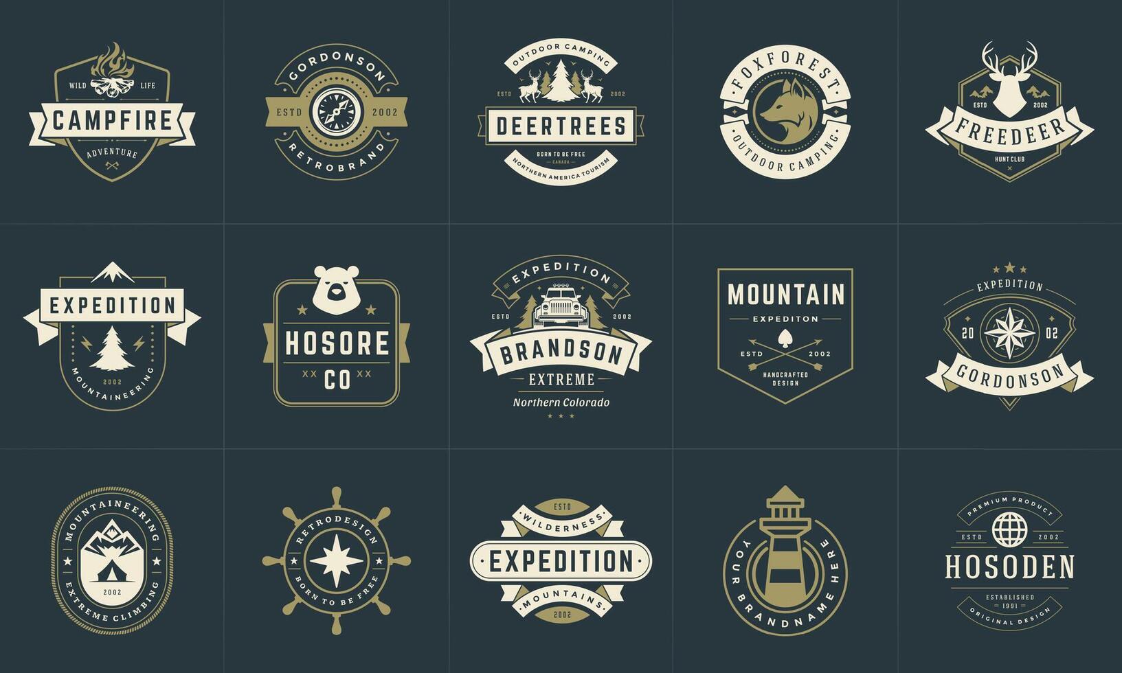 Camping logos and badges templates design elements and silhouettes set vector