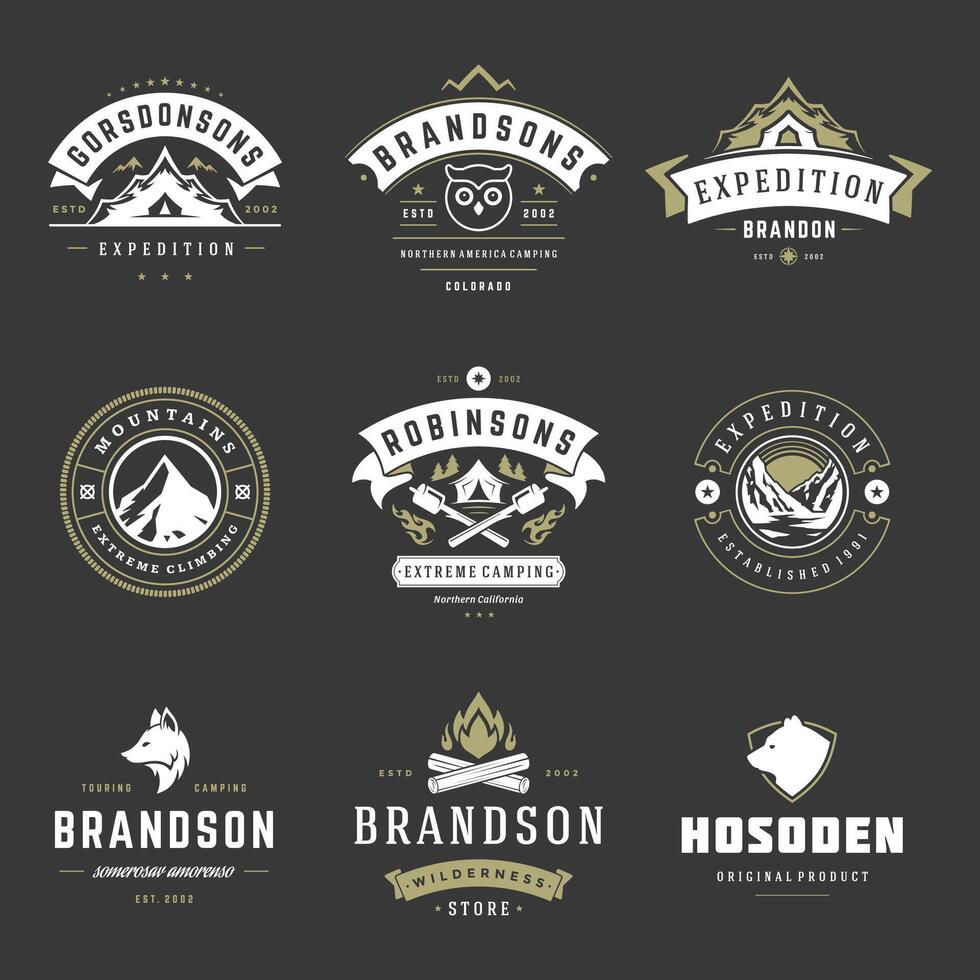 Camping logos templates design elements and silhouettes set vector