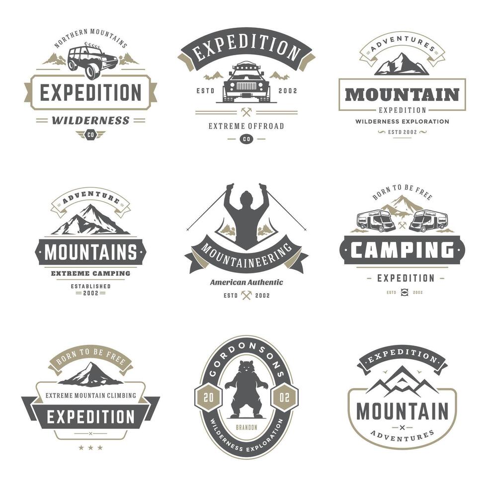 Camping logos templates design elements and silhouettes set vector