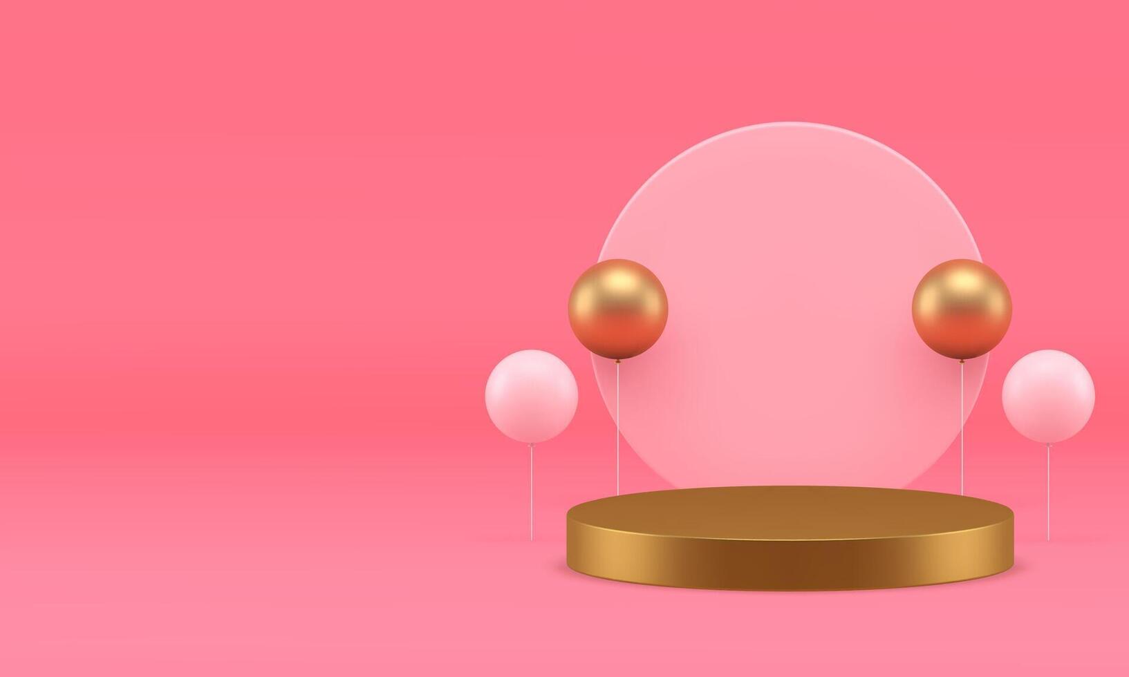Pink luxury 3d podium pedestal with air balloon mock up for cosmetic product show realistic vector