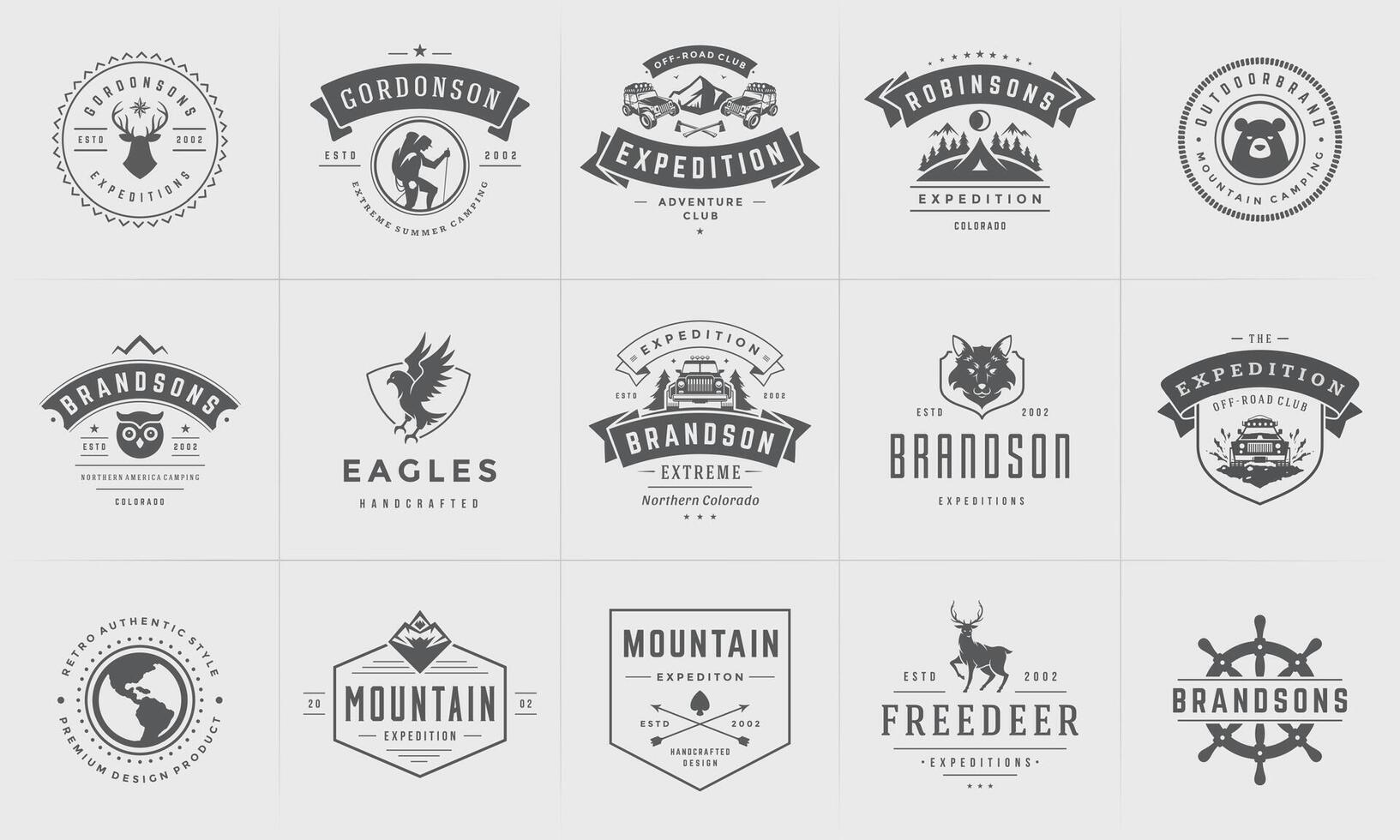 Camping logos and badges templates design elements and silhouettes set vector