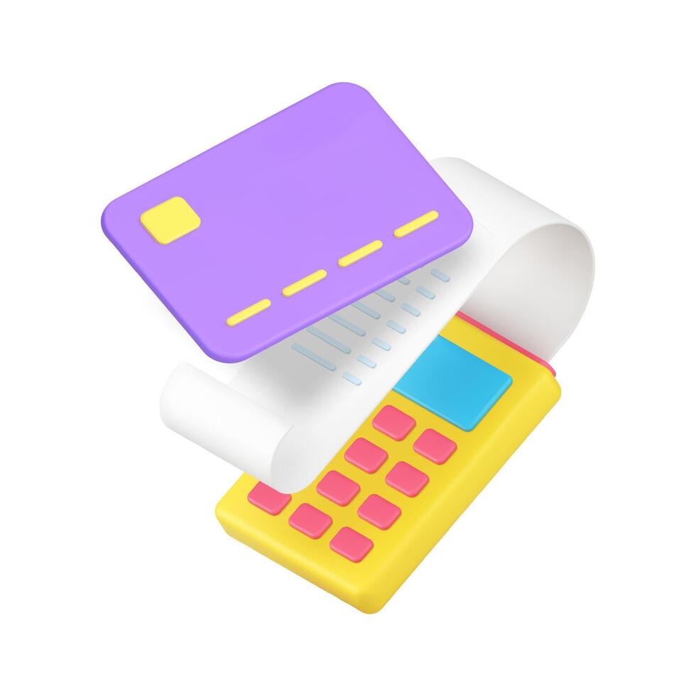 Success credit debit card payment bill receipt POS terminal shopping 3d icon realistic vector