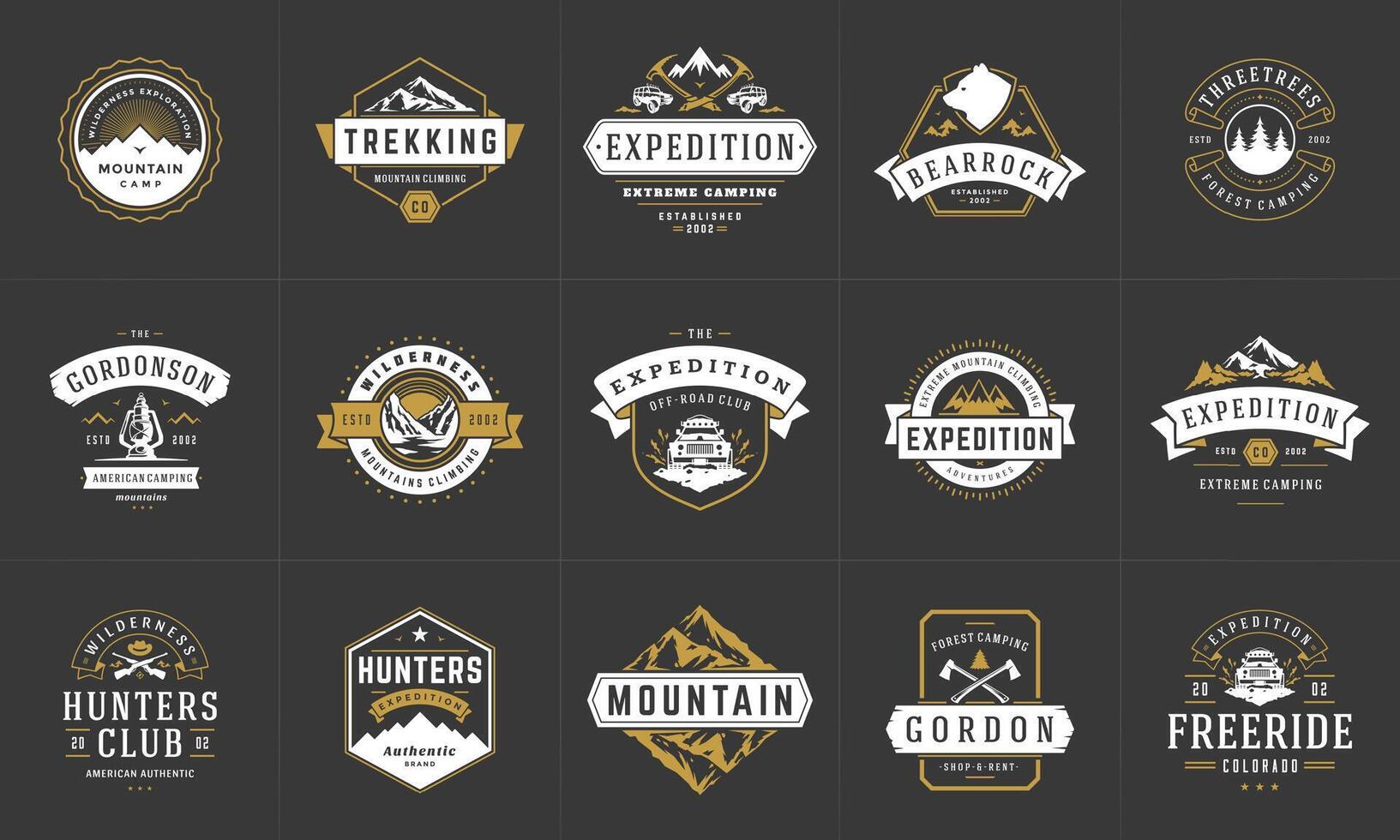 Camping logos and badges templates design elements and silhouettes set vector