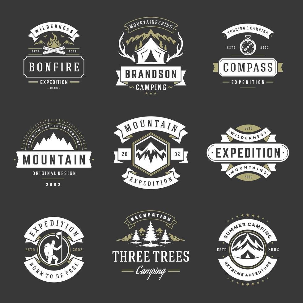 Camping logos templates design elements and silhouettes set vector