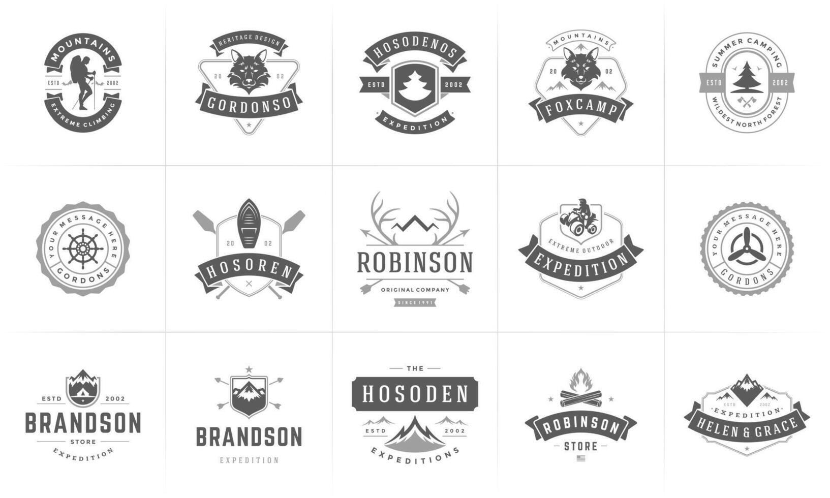 Camping logos and badges templates design elements and silhouettes set vector