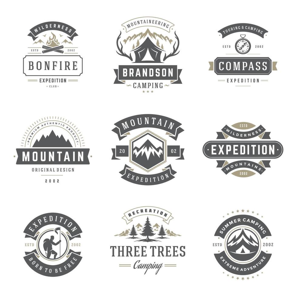 Camping logos templates design elements and silhouettes set vector