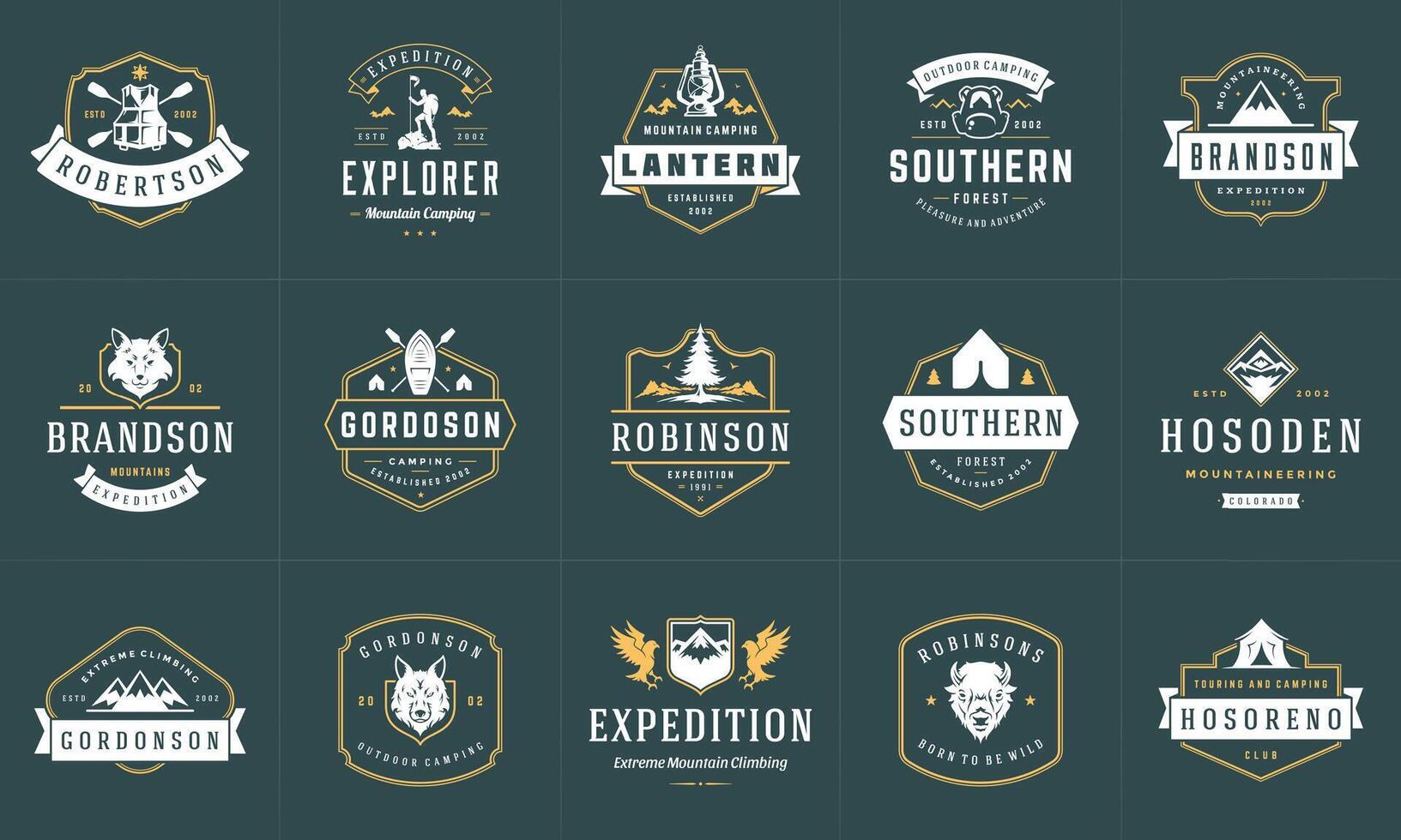 Camping logos and badges templates design elements and silhouettes set vector
