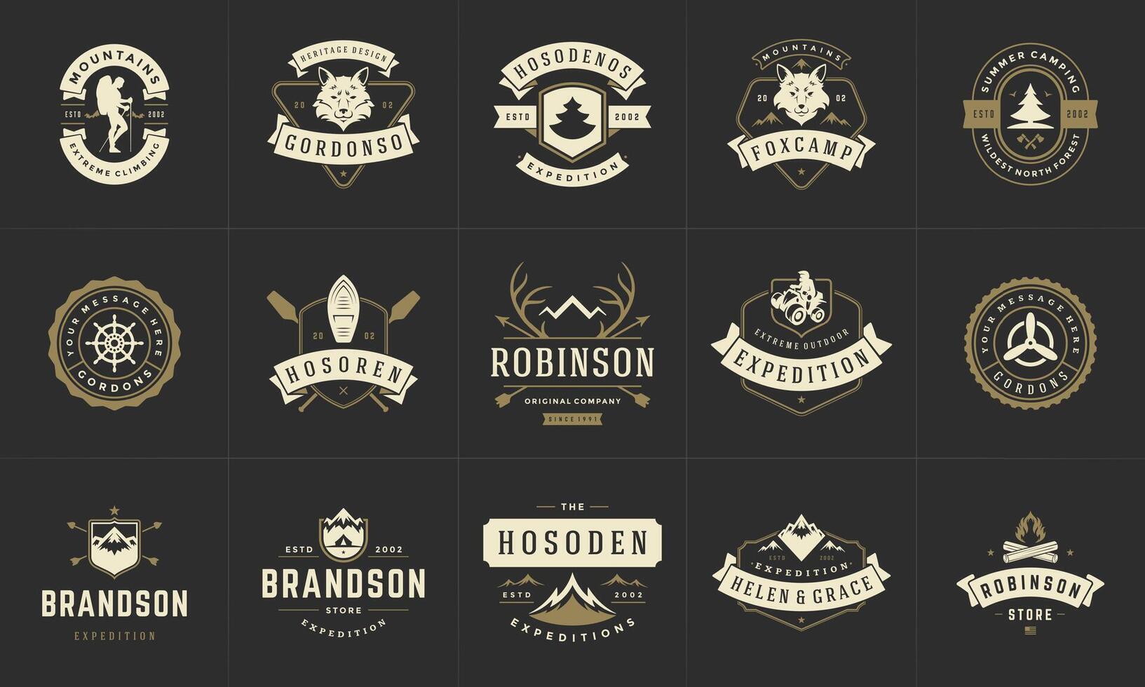 Camping logos and badges templates design elements and silhouettes set vector