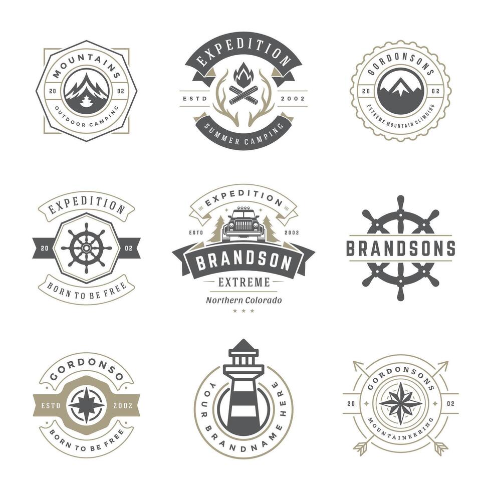 Camping logos templates design elements and silhouettes set vector