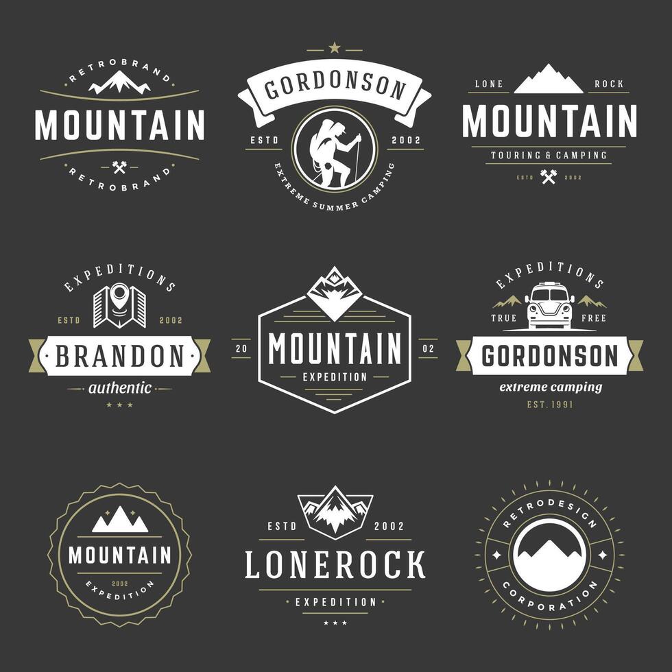 Camping logos templates design elements and silhouettes set vector