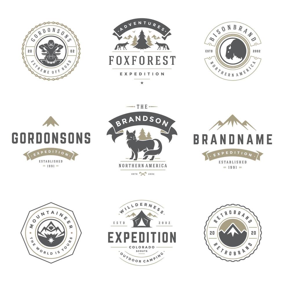 Camping logos templates design elements and silhouettes set vector