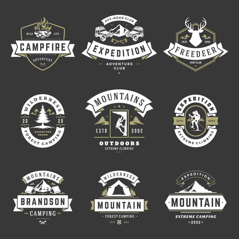 Camping logos templates design elements and silhouettes set vector