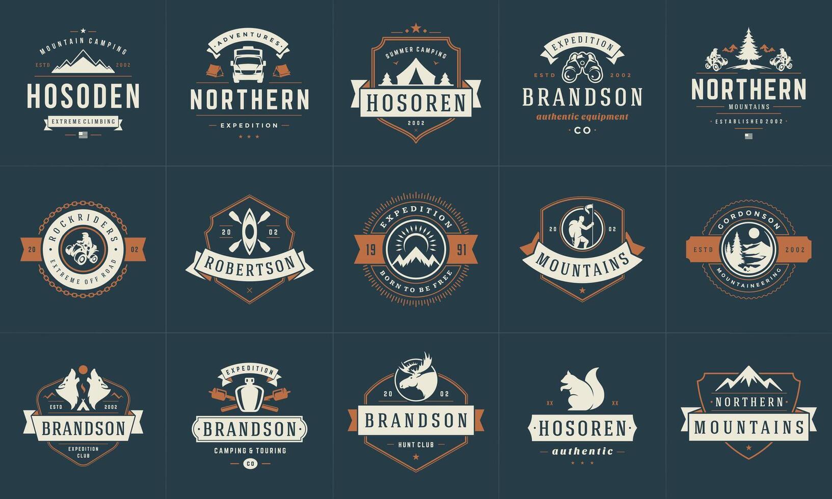 Camping logos and badges templates design elements and silhouettes set vector