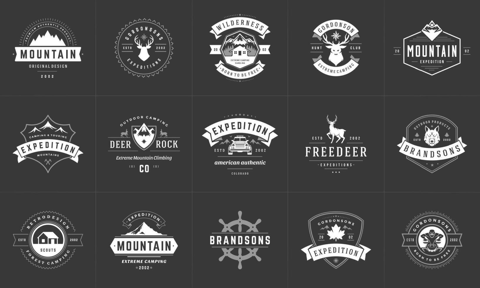 Camping logos and badges templates design elements and silhouettes set vector