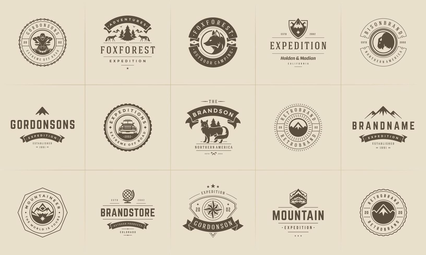 Camping logos and badges templates design elements and silhouettes set vector