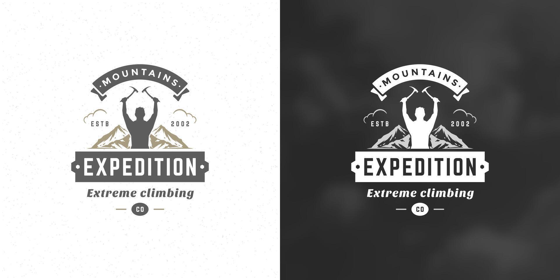 Climber logo emblem outdoor adventure expedition illustration mountaineer man silhouette vector