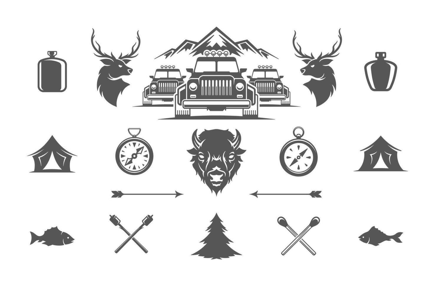 Summer camping and outdoor adventures design elements and icons set illustration. vector