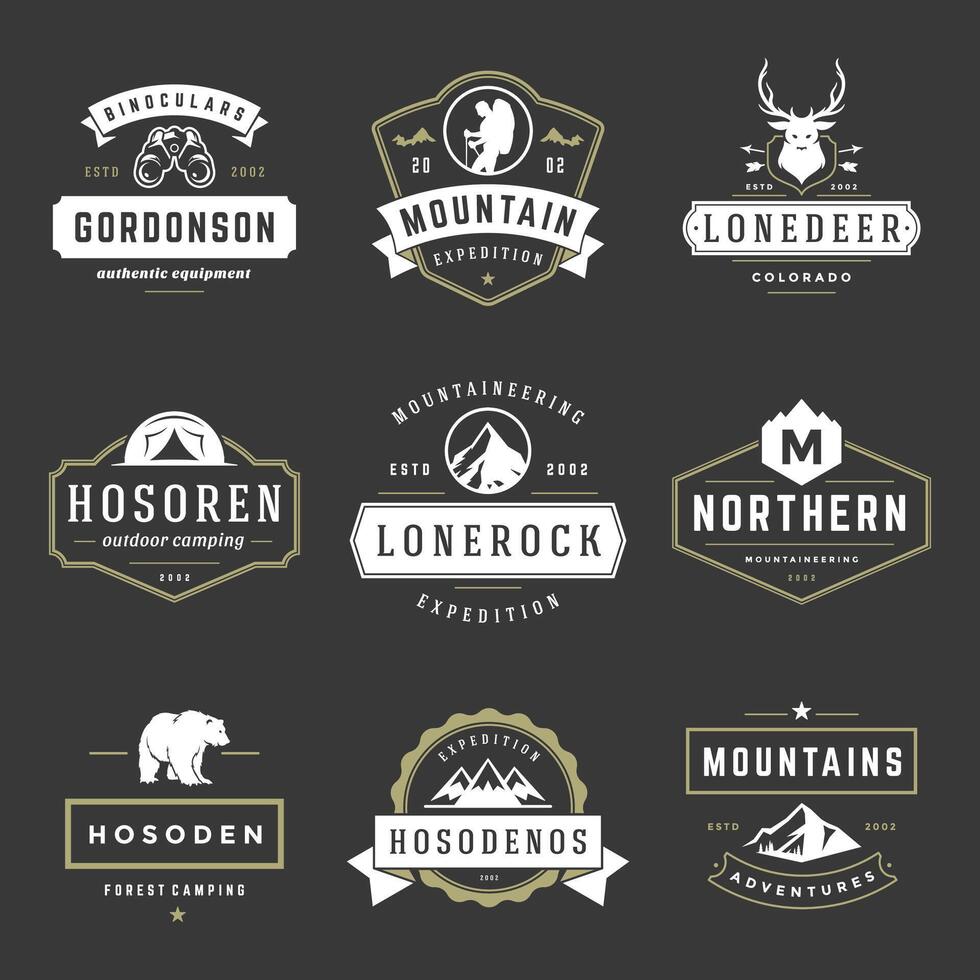 Camping logos templates design elements and silhouettes set vector